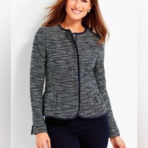 Talbots Navy Tweed Fringe Peplum Jacket Blazer Zip Up